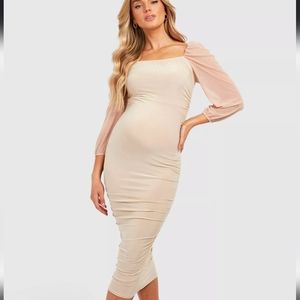 MATERNITY SQUARE NECK MESH SLEEVE MIDI DRESS- Boohoo Maternity